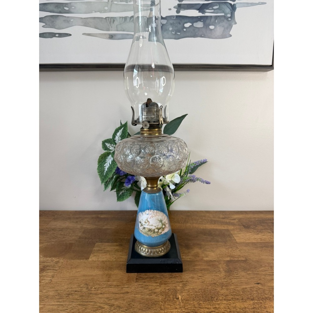 Antique Eagle Flame Oil Lamp Blue Scenic Glass UV Reactive Pressed Glass